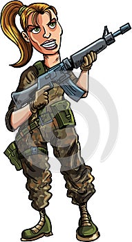 Cartoon female soldier with assault rifle