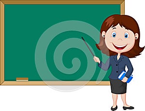 Cartoon female teacher standing next to a blackboard