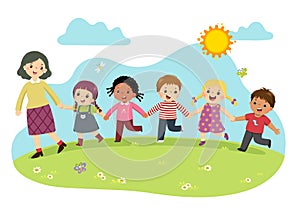 Cartoon of female teacher and students holding hands together and walking in the park