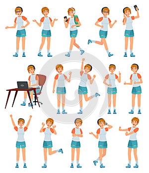 Cartoon female teenager character. Young teenage girl in different poses and actions vector illustration set. Cheerful
