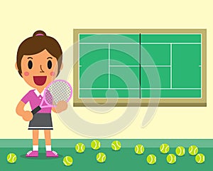 Cartoon female tennis player and court template