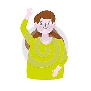 cartoon female woman character waving hand icon isolated style