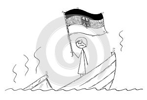 Cartoon of Female or Woman Politician or Chancellor Standing Depressed on Sinking Boat Waving the Flag of Federal