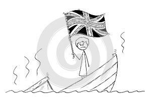 Cartoon of Female or Woman Politician Standing Depressed on Sinking Boat Waving the Flag of United Kingdom of Britain