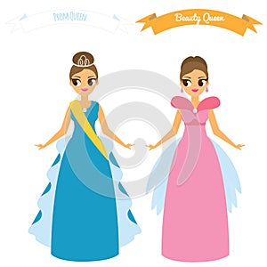 Cartoon females in long gown night party dresses. Beauty queen. Prom queen concept