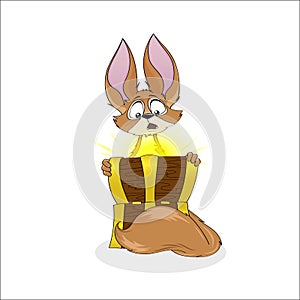 Cartoon Fennec Fox and treasure chest. Isolated