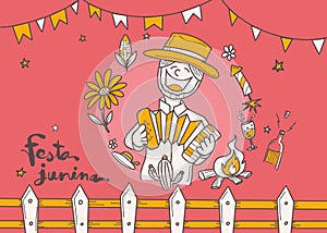 Cartoon for Festa Junina village festival in Latin., doodle style, Festival style decoration