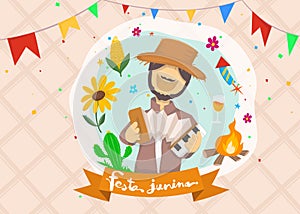 Cartoon for Festa Junina village festival in Latin. Icons set in multi colour. Festival style decoration