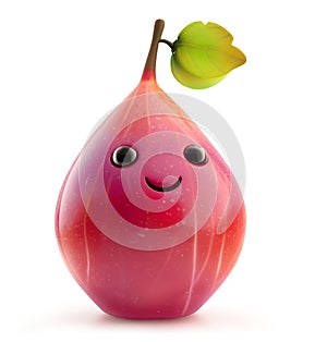 Cartoon fig character with a cute smile and leaf on top