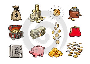 Cartoon finance money set. Sack of dollars, stack of coins, coin with dollar sign, treasure chest, stack of bills photo