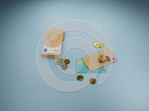 3d bundles of money, coins, credit cards