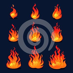 Cartoon fire animation design. Vector fireplace illustration for animation, games etc