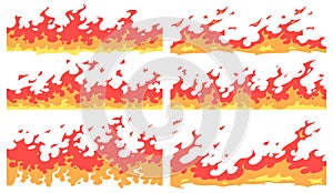 Cartoon fire border. Flame divider, bright fire flames borders and seamless blaze vector set