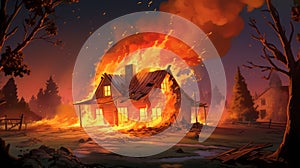 Cartoon Fire Burning House In The Countryside photo