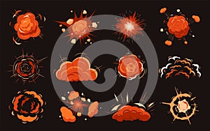 Cartoon fire explosion. War bomb, blast effects gaming. Dynamite explosions, bright red clouds. Comic style elements