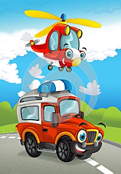 Cartoon fire fighter car smiling looking on the road and police helicopter flying over