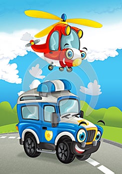 Cartoon fire fighter car smiling looking on the road and police helicopter flying over