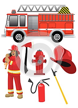 Cartoon fire fighter set with the objects