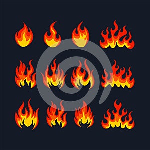 Cartoon fire flame collection vector. Red fire, fire element, campfire, heat wildfire, flame icon vector illustration set