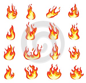 Cartoon fire flame. Fires comic images, bonfire flaming ignition, evil hell blaze. Hot temperature and fever icons flat