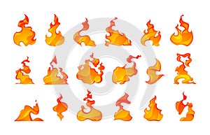 Cartoon fire flame. Heat explosion danger energy blazing ignition, fire power red and orange symbols, fireball magic and