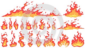 Cartoon fire flames. Fireball flame, red hot fire and campfire fiery silhouettes vector set. Burning effect, dangerous