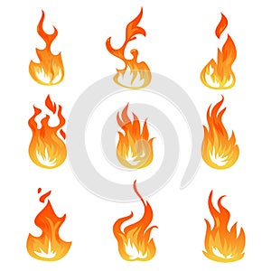 Cartoon fire flames vector set. Ignition light effect, flaming symbols