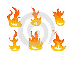 Cartoon fire flames vector set. Ignition light effect, flaming symbols. Hot flame energy, effect fire animation