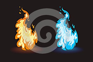 Cartoon fire. Hot and frozen flame. 2d flash art. Video game UI elements. Frost and blaze fireball