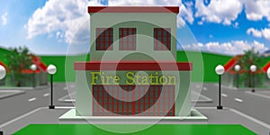 Cartoon fire station downtown concept. Gray and red firehouse building background. 3d illustration