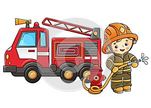 Cartoon fire truck with fireman or firefighter. Fire fighting. Professional transport. Profession. Colorful vector illustration