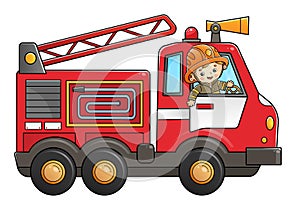 Cartoon fire truck with fireman or firefighter. Professional transport. Profession. Colorful vector illustration for kids