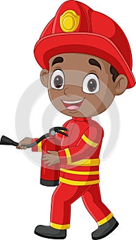 Cartoon firefighter boy holding fire extinguisher