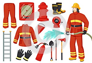 Cartoon firefighter character with fire fighting equipment and tools. Fireman uniform, hydrant, fire alarm, extinguisher