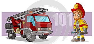 Cartoon firefighter character and red fire truck