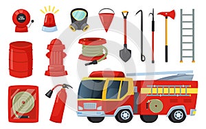 Cartoon firefighter equipment and tools, axe, extinguisher and firehose. Fire truck, hydrant, bucket, firefighting
