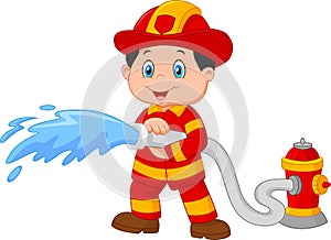 Cartoon Firefighter pours from a fire hose