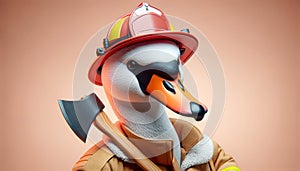 Cartoon Firefighter Swan Ready for Duty. Funny Swan With Firefighter\'s Helmet And Axe