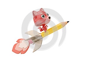 A cartoon firefox on rocket pencil,3D illustration.