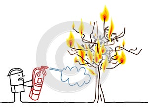 Cartoon Fireman and Burning Tree