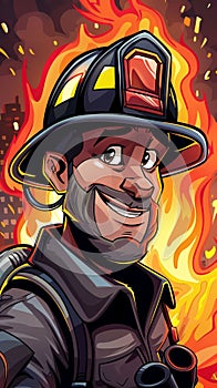 Cartoon fireman with a confident smile in front of the flame.