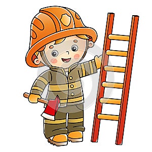 Cartoon fireman or firefighter with a fire extinguishing ladder and a hatchet. Profession. Colorful vector illustration for kids