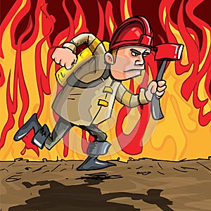 Cartoon fireman running with an axe