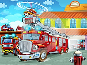 Cartoon firetruck driving out of fire station to action with other different fireman vehicles