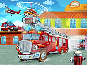 Cartoon firetruck driving out of fire station to action with other different fireman vehicles