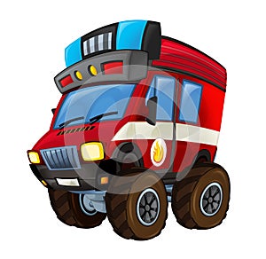 Cartoon firetruck monster truck on white background with fire sign on the side