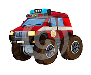 Cartoon firetruck monster truck on white background with fire sign on the side