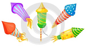 Cartoon fireworks rockets. Firework rocket christmas party pyrotechnics concept, explosion firecracker for 4th july