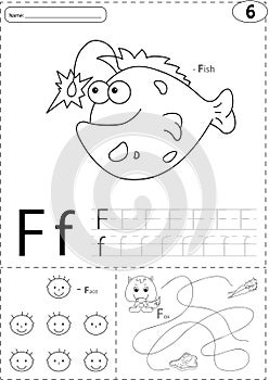 Cartoon fish, face and fox. Alphabet tracing worksheet: writing