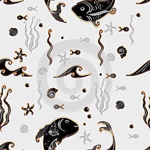 Cartoon fish. Kids background. Seamless pattern. black orange